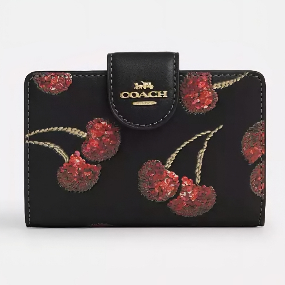 Coach New York Cherries Cherry Sparkles Black Leather Snap Wallet Sold Out NWT